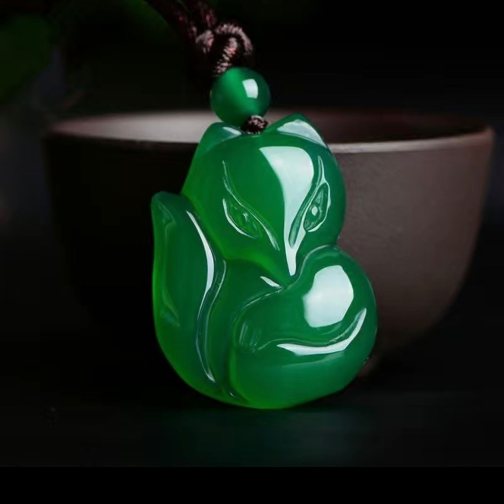 Gorgeous Smooth Green Fox Agate Pendant on a Woven Black Rope Lucky